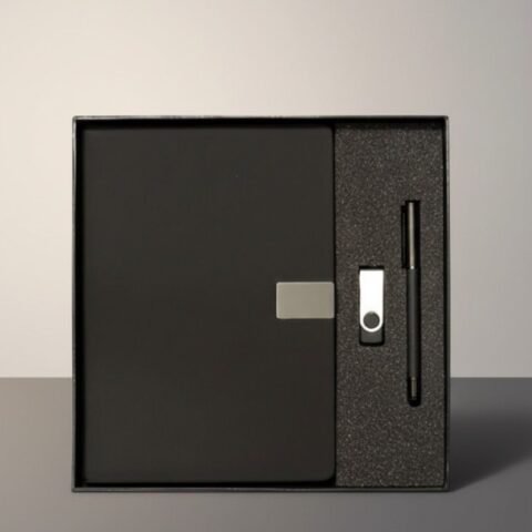 Luxury B5 Leather Notebook Gift Set with Pen & Flash Drive – Elegant Black