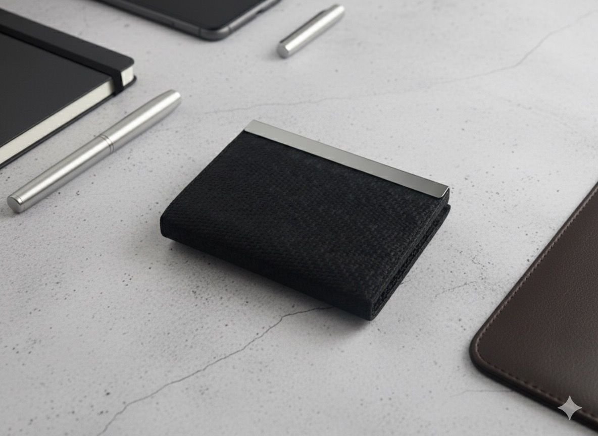 حافظة كروت سوداء أنيقة بملمس بارز ولمسة فضية لامعة – نحيفة، متينة وعصرية