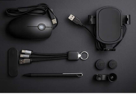 6-in-1 Tech Gift Set – Wired Mouse, Phone Holder, Multi Charging Cable, Stylus Pen & Camera Lens – Black