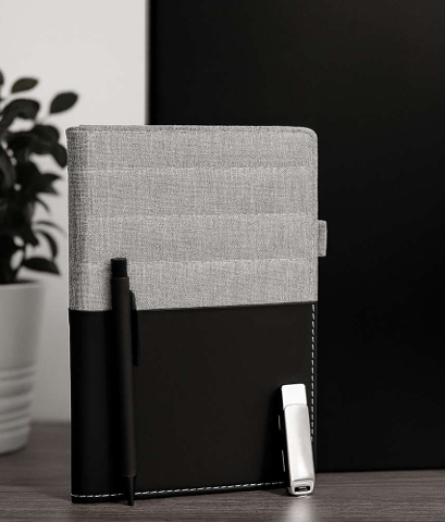 طقم هدايا جلد أسود فاخر – نوت بوك + قلم معدني + فلاش ميموري