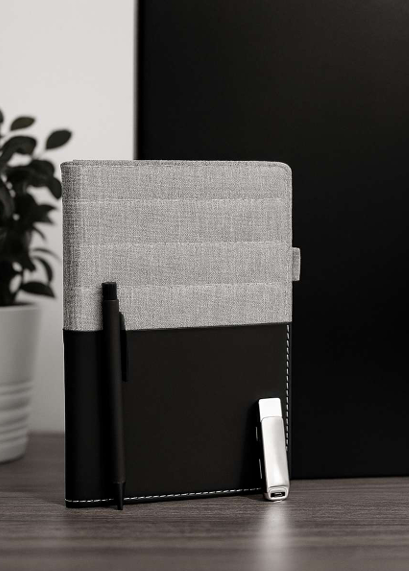 طقم هدايا جلد أسود فاخر – نوت بوك + قلم معدني + فلاش ميموري