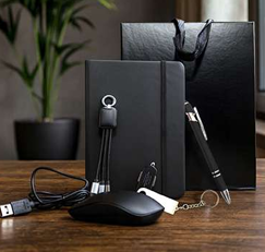Premium Office Gift Set – Leather Notebook, Pen, Wireless Mouse, Multi Charging Cable & Luxury Gift Bag – Black