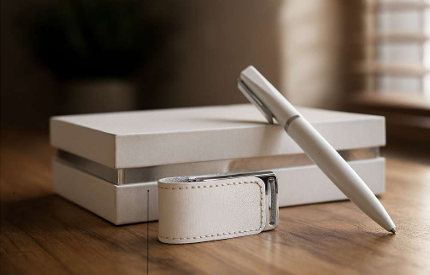 طقم هدايا أبيض فاخر – قلم معدني أنيق وفلاش ميموري USB
