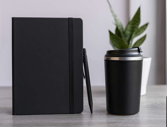 Luxury Gift Set with Black Thermal Mug, Black Notebook & Black Pen – Elegant Corporate Gift.