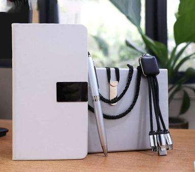 Premium Work Set – Leather Notebook, Stylish Pen & 3-in-1 Charging Cable