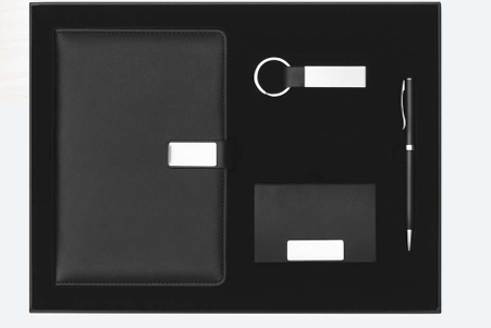 Luxury Black Leather Gift Set – Notebook + Card Holder + Pen + keychain