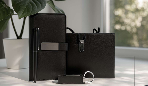 Premium Business Gift Set with Leather Notebook, Pen & Keychain