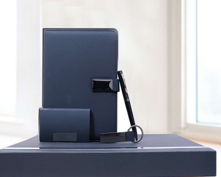 Luxury Navy Blue Leather Gift Set – Notebook + Card Holder + Metal Pen