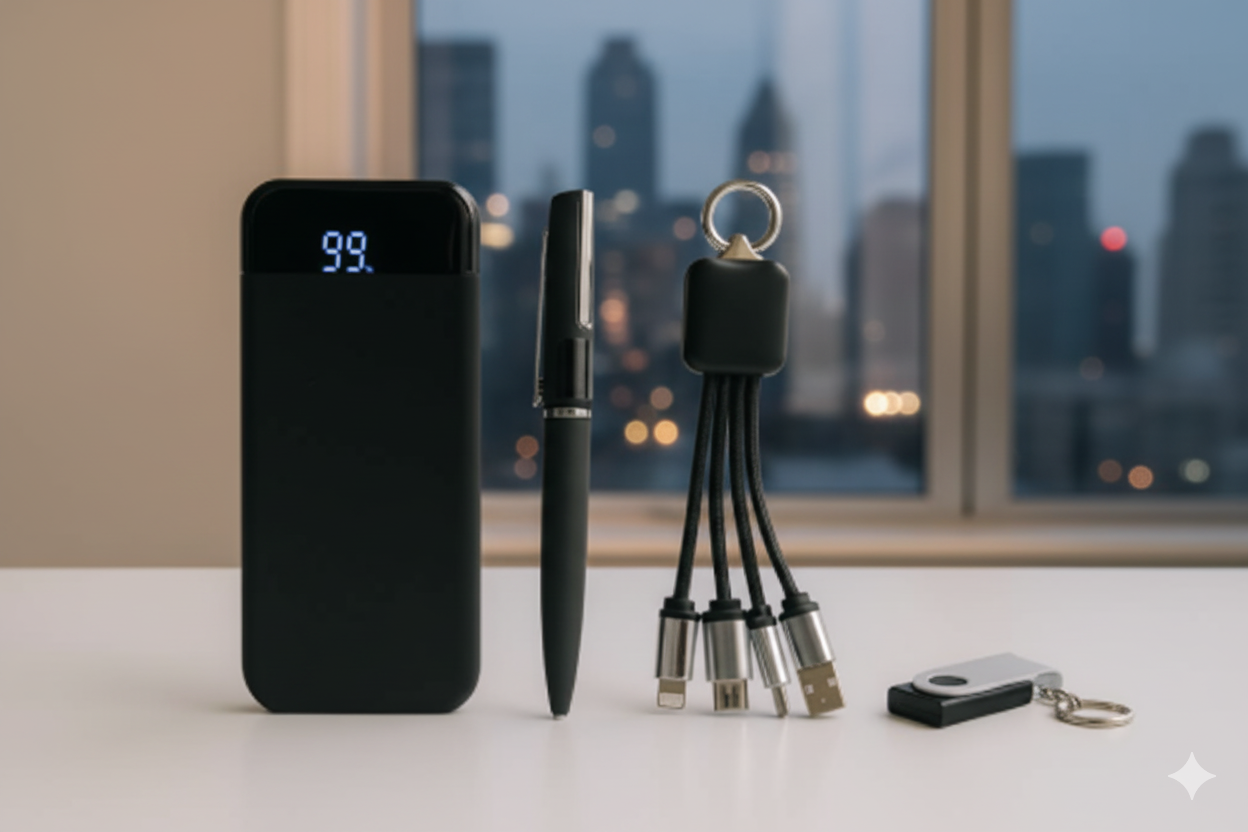 Executive Power Gift Set with Power Bank, 3-in-1 Charging Cable, Flash Drive & Pen – Black