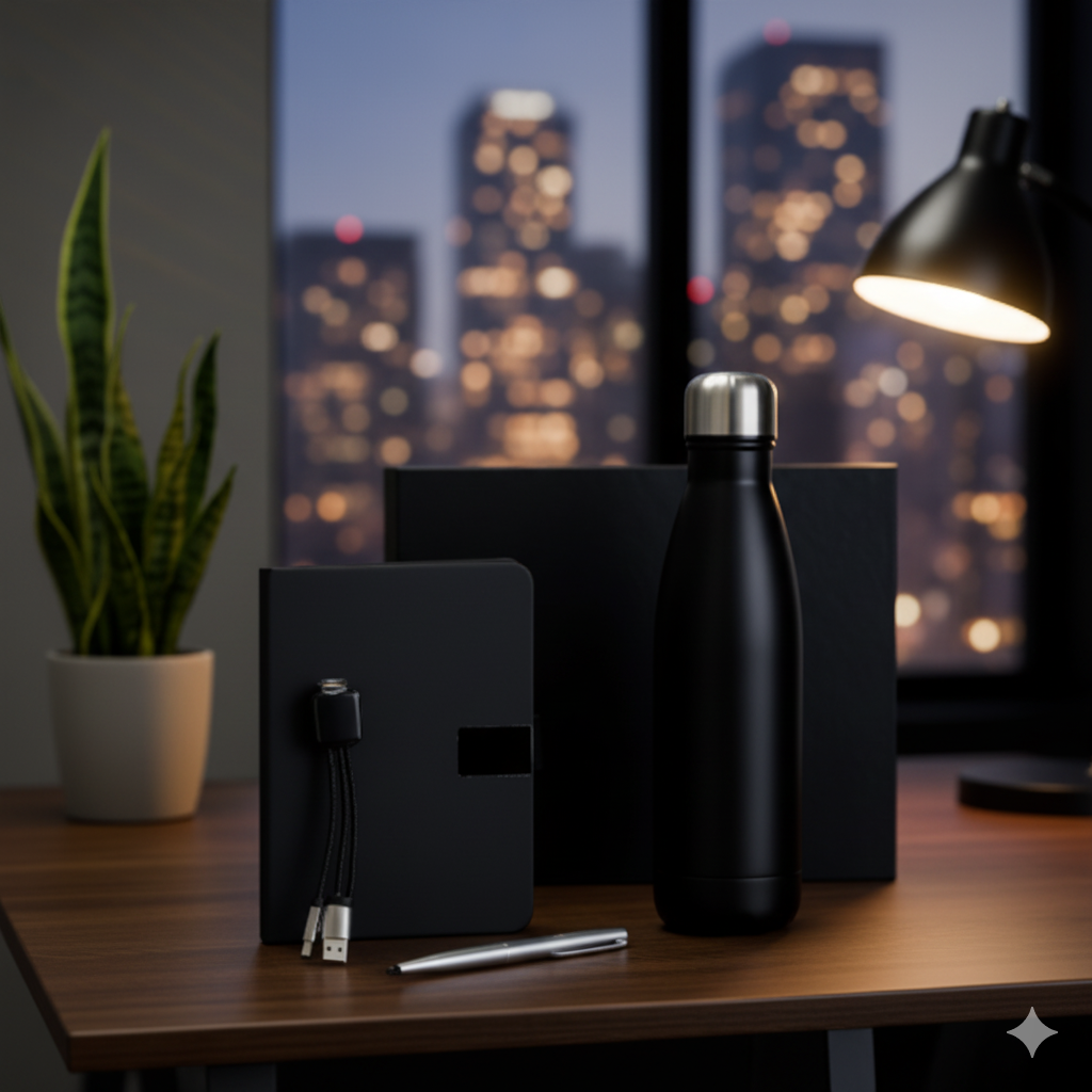 Business Gift Set – Notebook, 3-in-1 Charging Cable, Metal Pen & Thermal Bottle – Large Executive Box