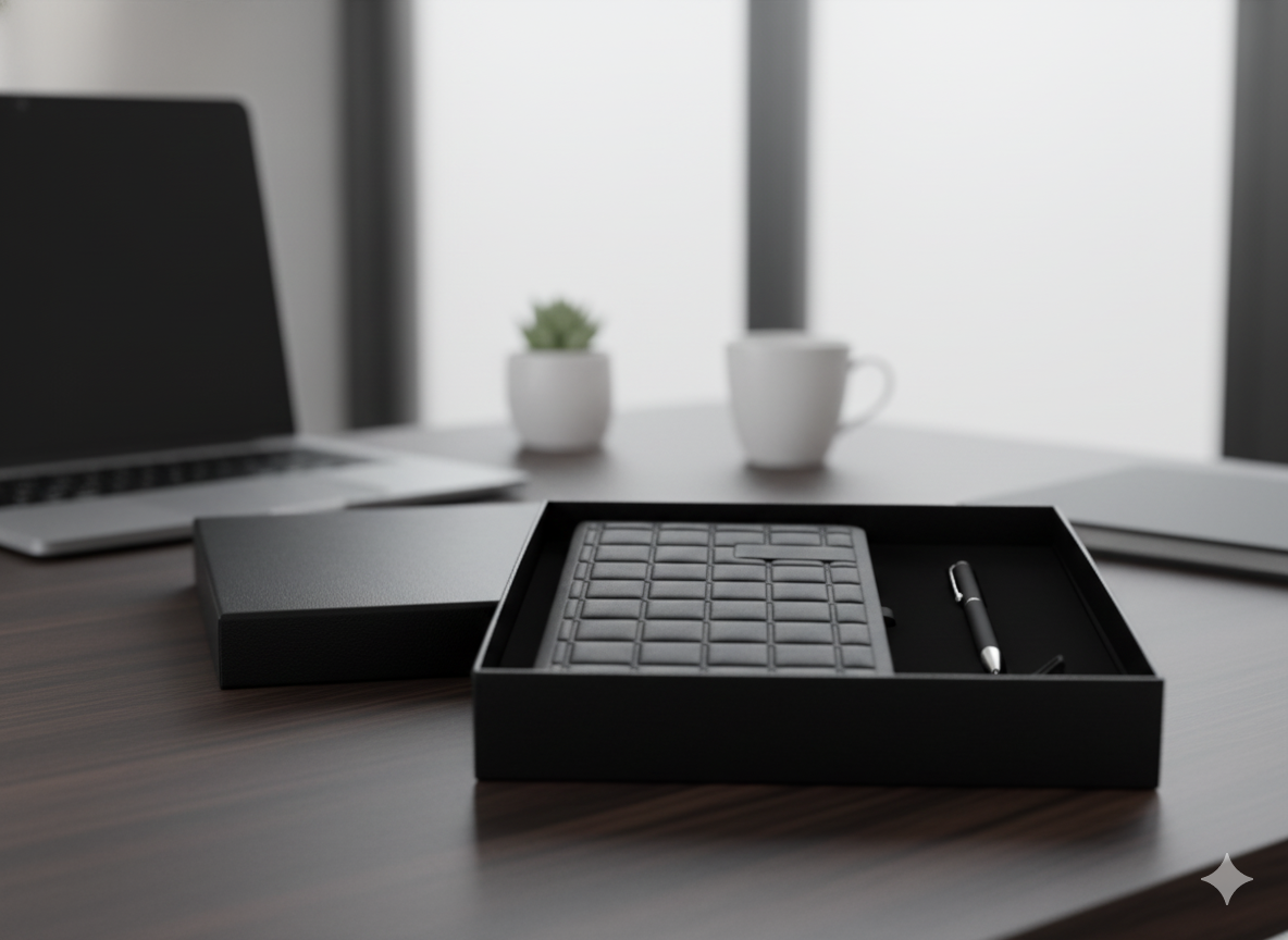 طقم هدايا أعمال أسود فاخر (نوت بوك، قلم، فلاش ميموري USB) – هدية مكتبية أنيقة