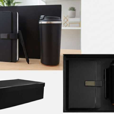 طقم هدايا أعمال 3 في 1 فاخر – نوت بوك، قلم معدني، مج حراري – علبة هدايا أنيقة