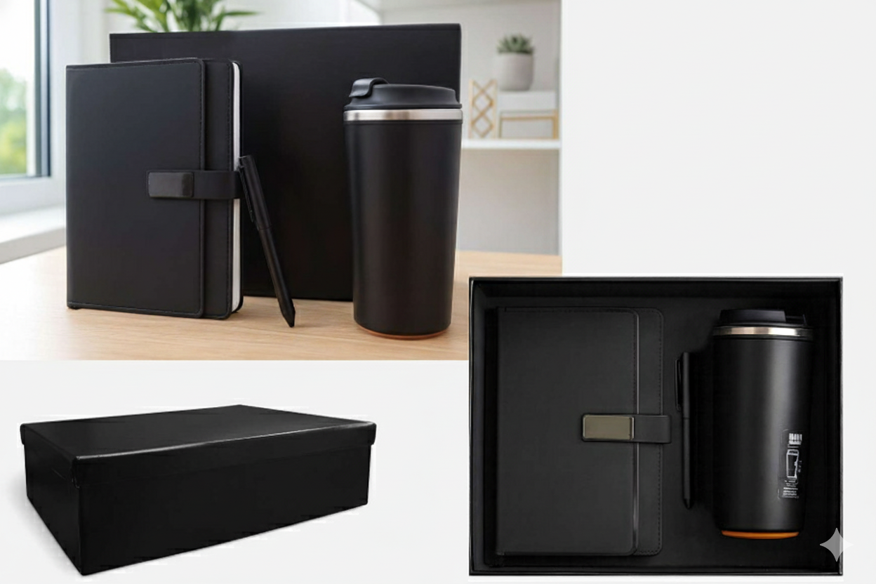 طقم هدايا أعمال 3 في 1 فاخر – نوت بوك، قلم معدني، مج حراري – علبة هدايا أنيقة
