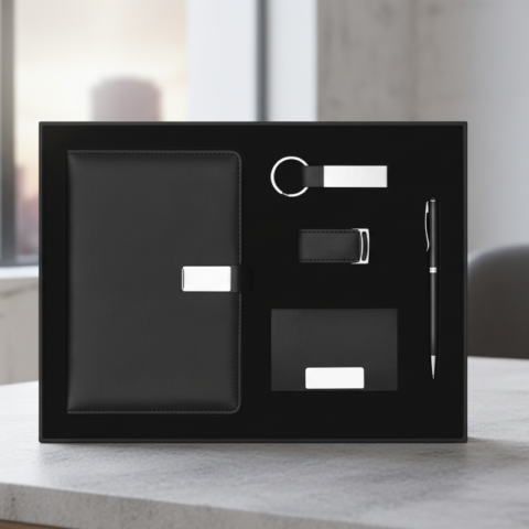 طقم هدايا أكريليك فاخر – نوت بوك، قلم معدني، ميدالية، حافظة كروت، فلاش ميموري – صندوق تنفيذي