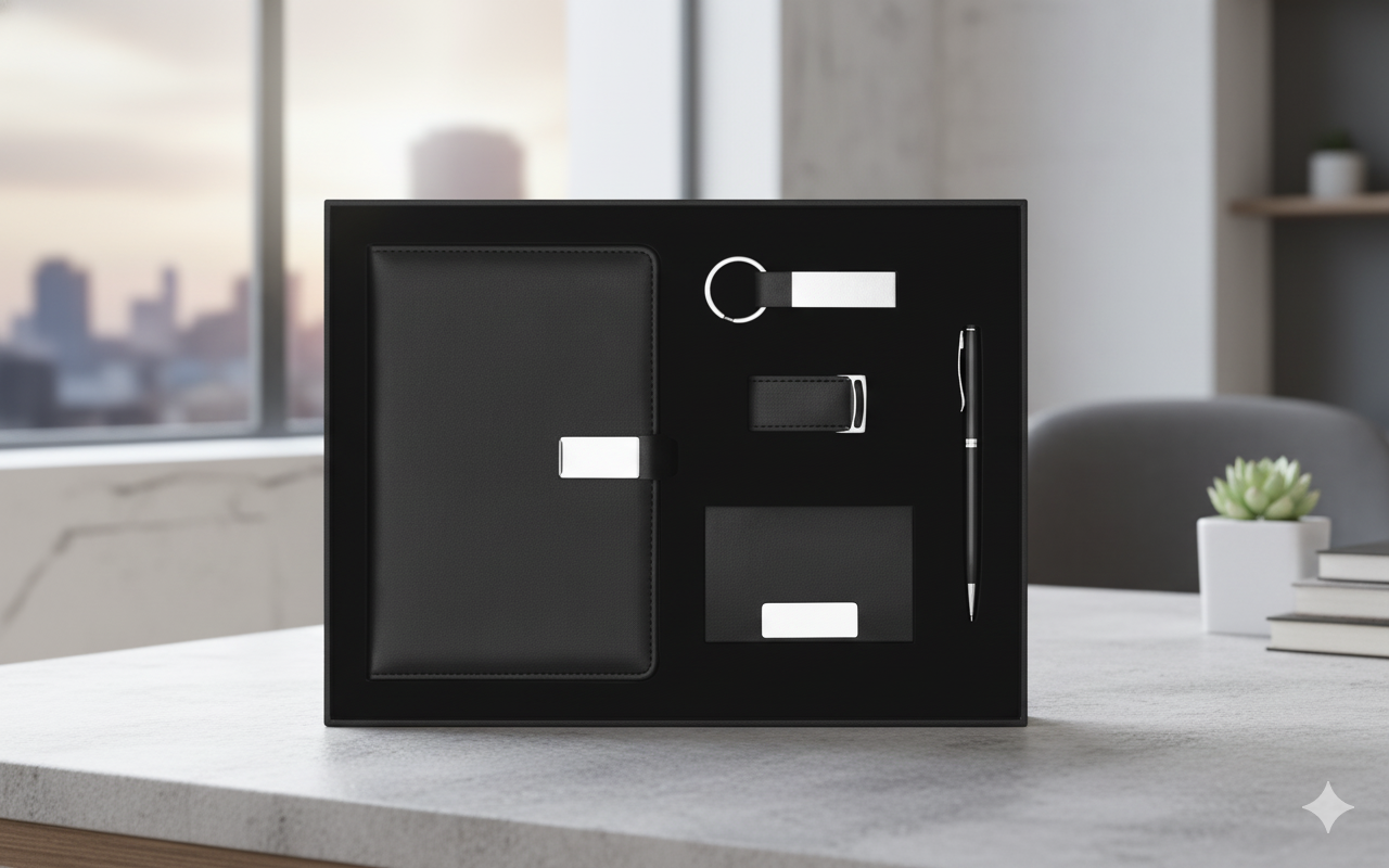 طقم هدايا أكريليك فاخر – نوت بوك، قلم معدني، ميدالية، حافظة كروت، فلاش ميموري – صندوق تنفيذي