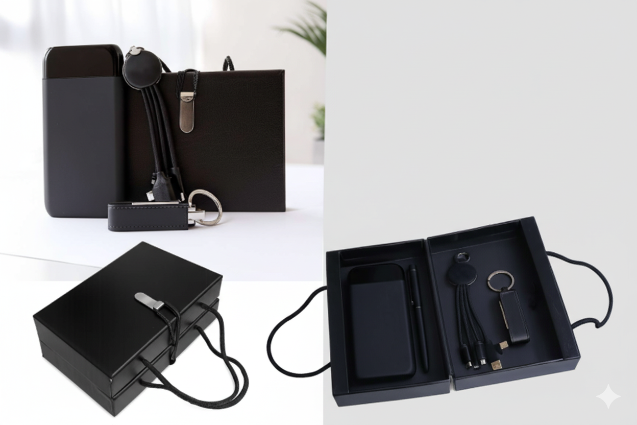Business Gift Set with Power Bank, 3-in-1 Charging Cable, Pen & Keychain – Premium Corporate Collection