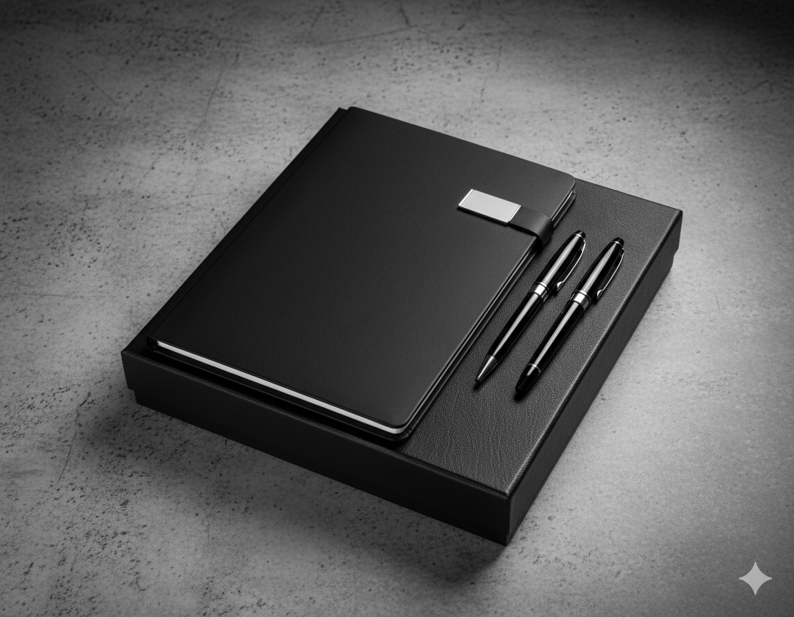 طقم هدايا أعمال 3 قطع فاخر – نوت بوك B5 مع قلمين معدنيين – هدية مكتبية أنيقة