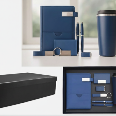 Luxury 6-in-1 Business Gift Set – Thermal Mug, 2 Pens, Notebook, Flash Drive, Card Holder & Keychain – Dark Blue Premium Gift Box