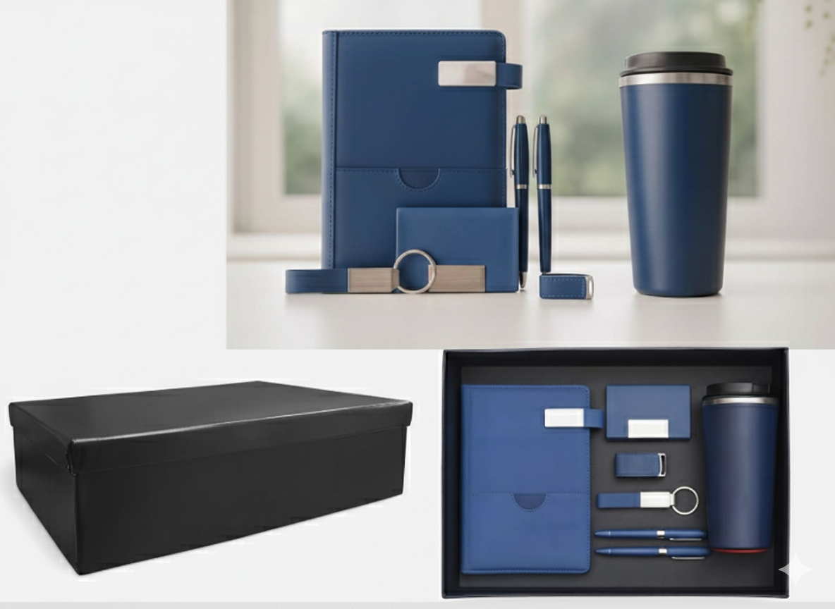 Luxury 6-in-1 Business Gift Set – Thermal Mug, 2 Pens, Notebook, Flash Drive, Card Holder & Keychain – Dark Blue Premium Gift Box