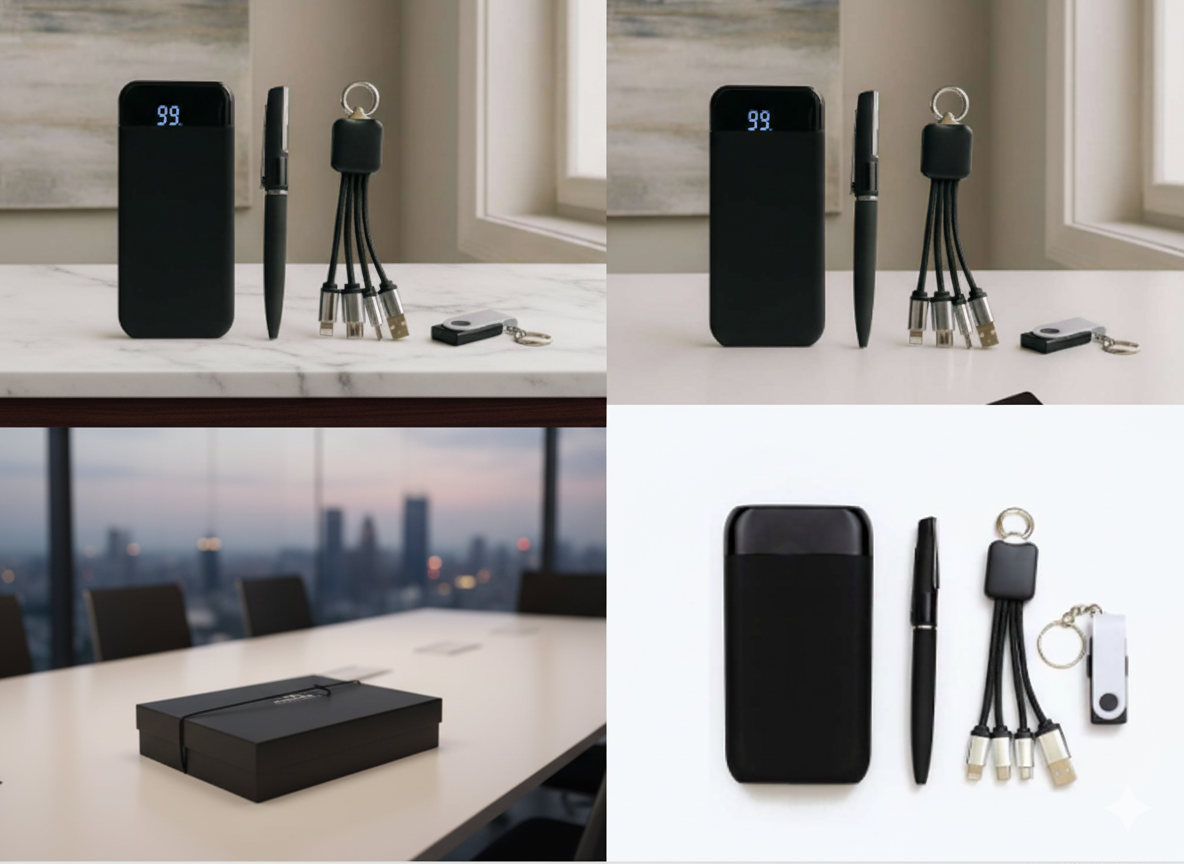 طقم هدايا طاقة تنفيذي مع باور بانك، كابل 3 في 1، فلاشة وقلم معدني – أسود