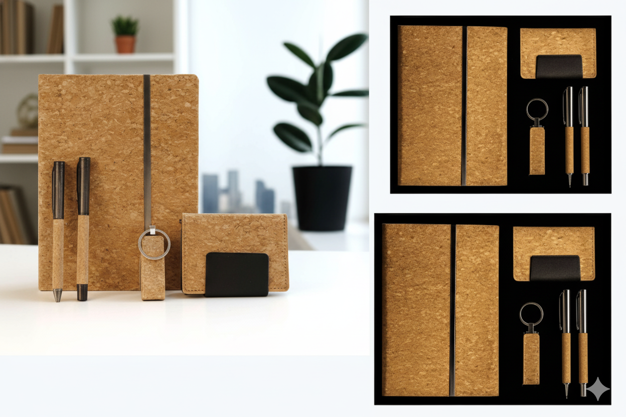 Eco-Friendly Cork Business Gift Set with 2 Pens, Notebook & Keychain – Natural Cork Design