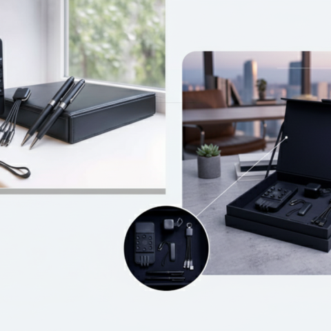 طقم هدايا أعمال 5 في 1 فاخر – باور بانك، قلمين، فلاش ميموري، سماعات، كابل شحن 3 في 1