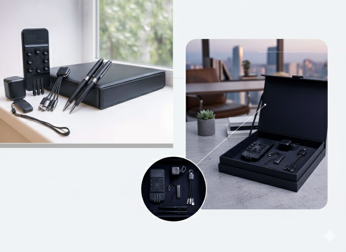 طقم هدايا أعمال 5 في 1 فاخر – باور بانك، قلمين، فلاش ميموري، سماعات، كابل شحن 3 في 1