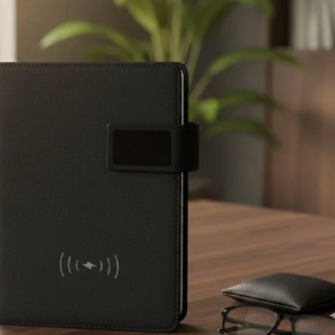 Smart A5 Notebook Organizer with 4000mAh Power Bank & 5W Wireless Charging – Light Grey & Black