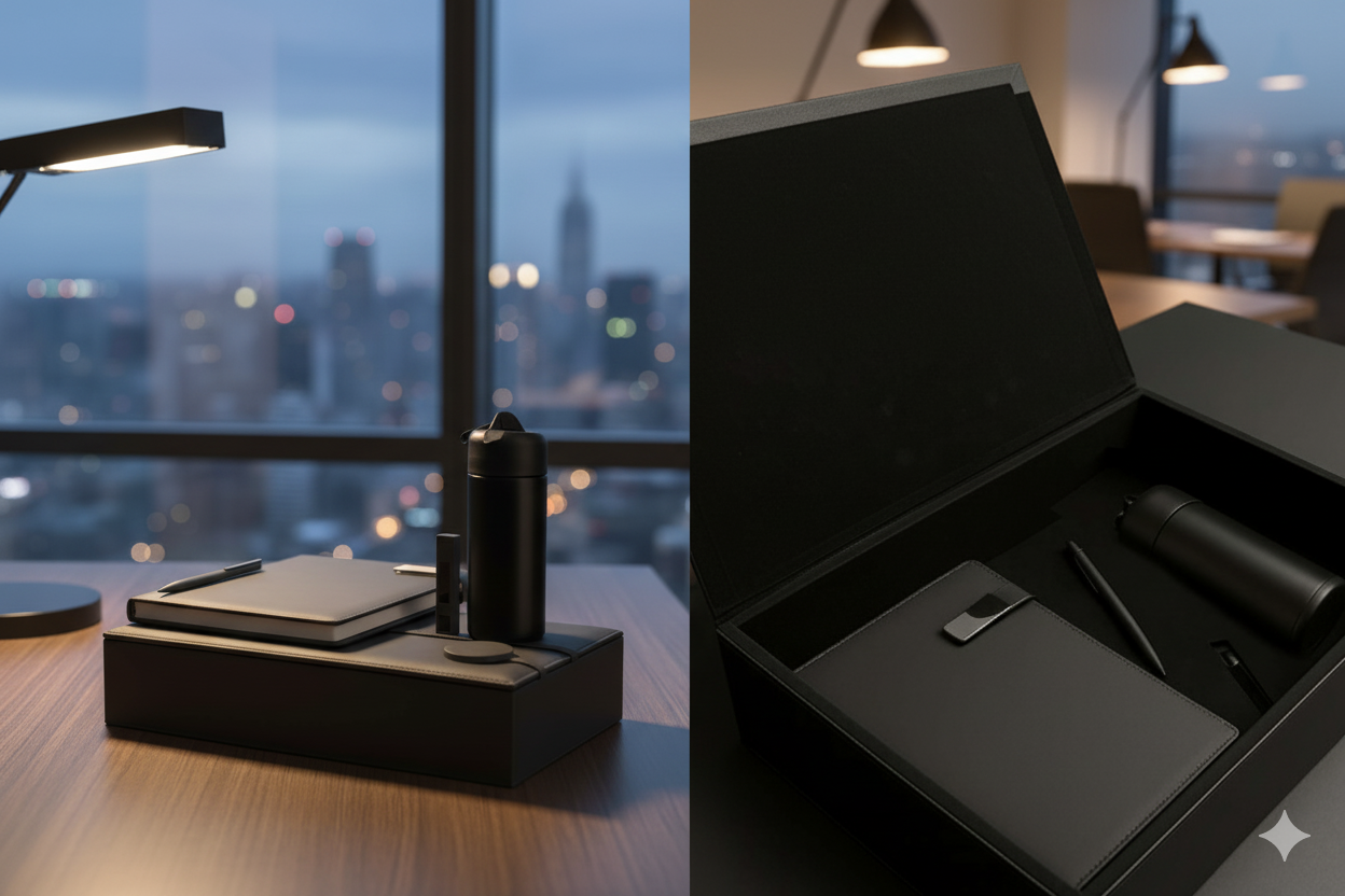 Luxury Black Desk Gift Set – Thermal Mug, Metal Pen & Leather Notebook – Modern Elegant Design