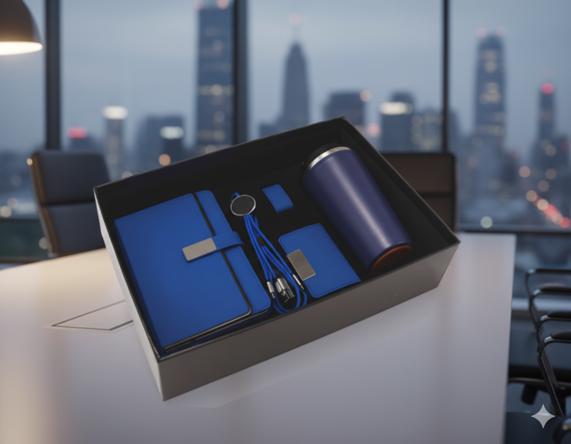 Executive Business Gift Set with Notebook, Thermal Mug, Flash Drive, Card Holder & Charging Cable – Navy Blue