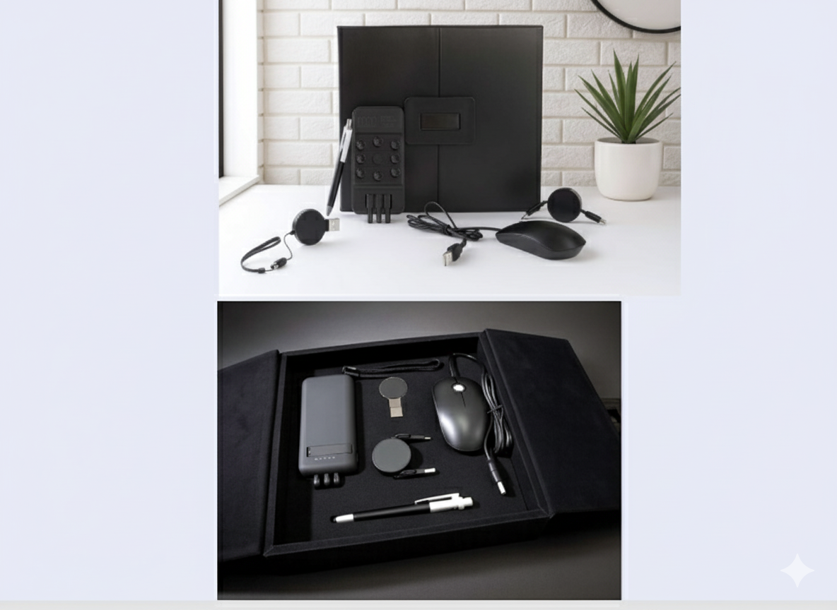 VIP Business Gift Set with Power Bank, Flash Drive, Mouse, Charging Cable & Pen – Black Edition