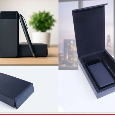 Luxury Leather Gift Set – Navy Blue Power Bank & Metal Pen in Elegant Leather Box