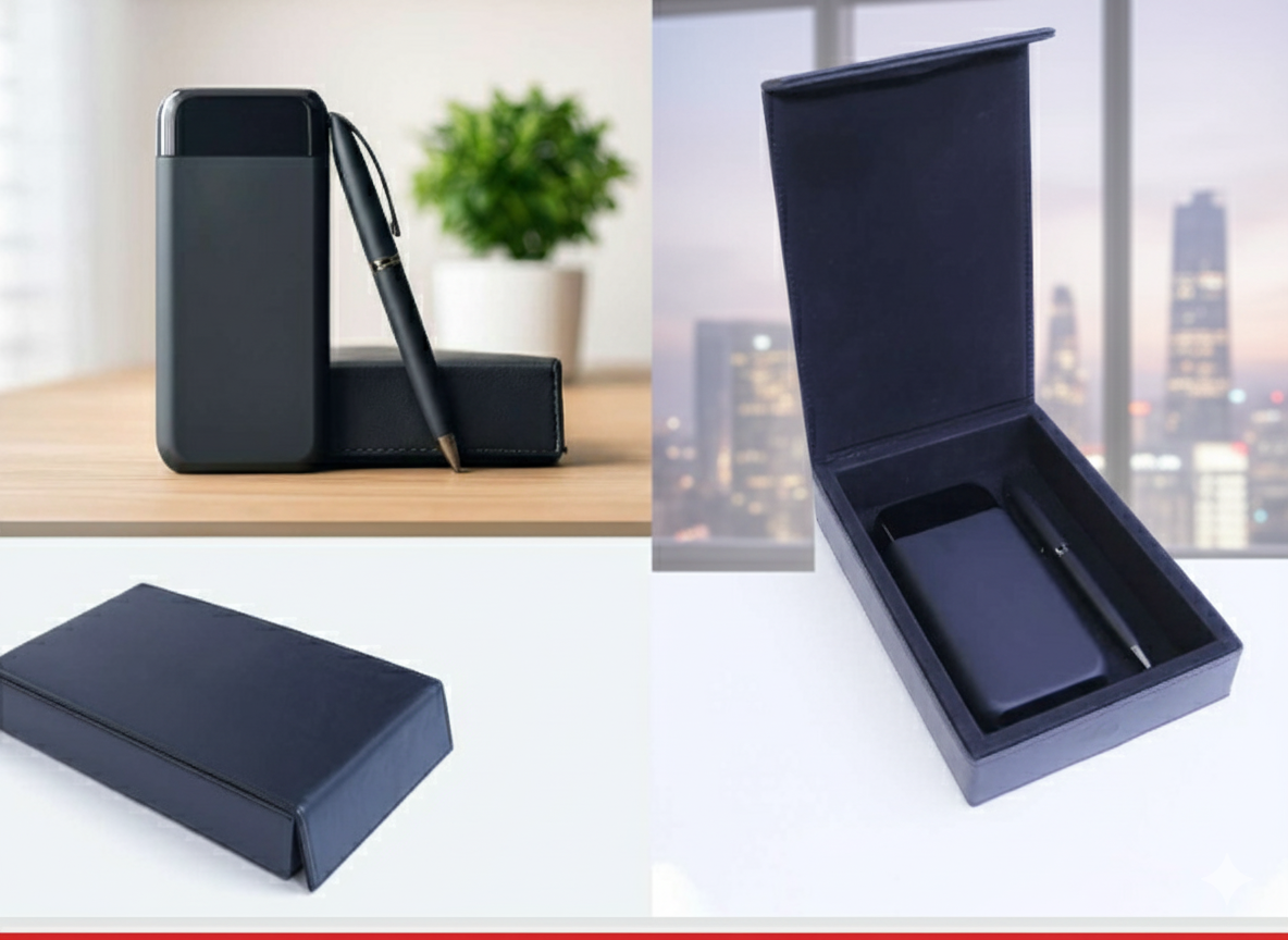 Luxury Leather Gift Set – Navy Blue Power Bank & Metal Pen in Elegant Leather Box