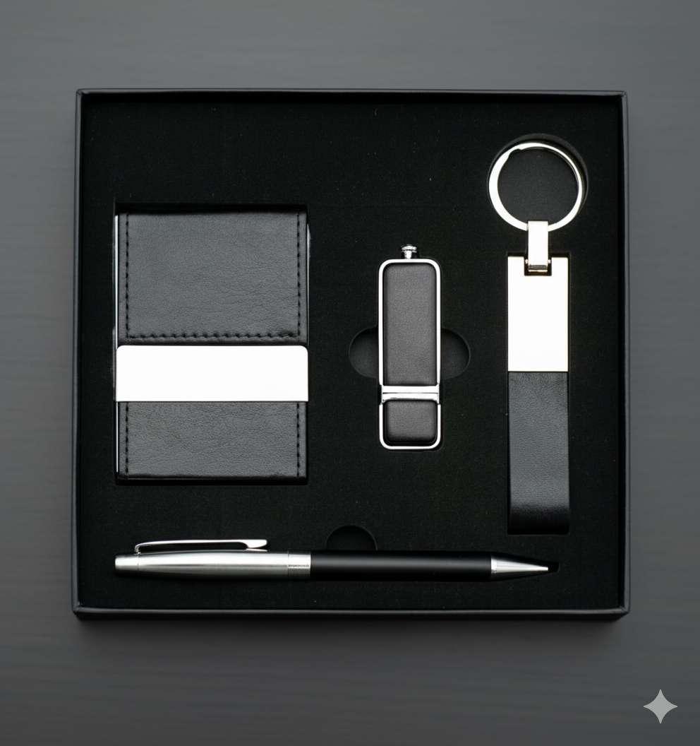 طقم هدايا أعمال 4 في 1 فاخر (فلاش ميموري، قلم معدني، حافظة كروت، ميدالية)