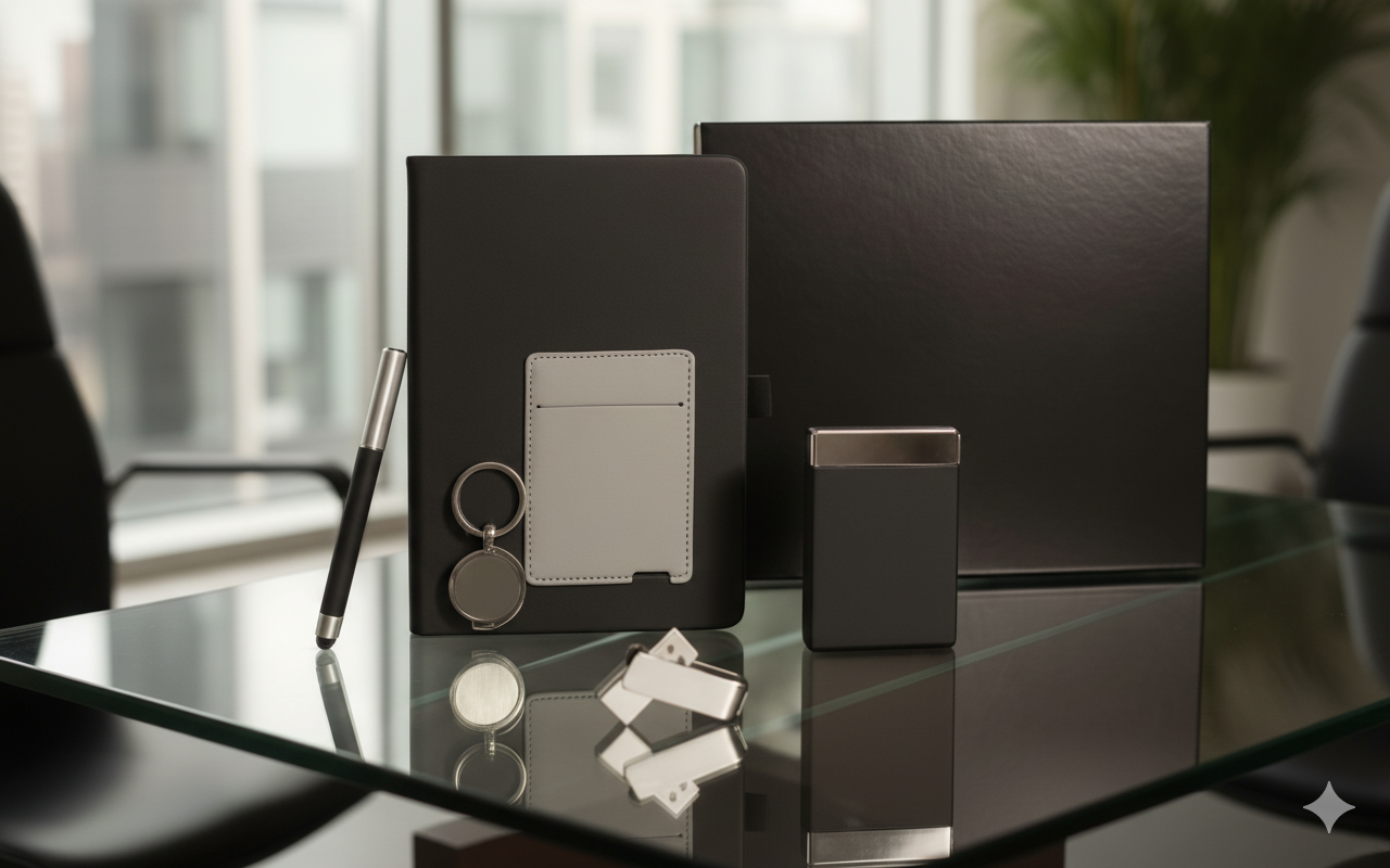 Business Gift Set – Black Notebook, Metal Pen, Flash Drive, Card Holder & Keychain – Premium Executive Box
