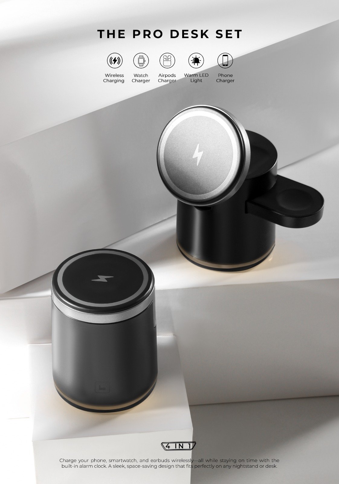 The PRO Desk Set – 4-in-1 Wireless Charging Station with Alarm Clock & LED Light