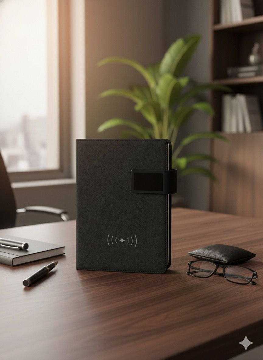 منظم نوت بوك A5 ذكي مع باور بانك 4000mAh وشحن لاسلكي 5 واط – رمادي فاتح وأسود