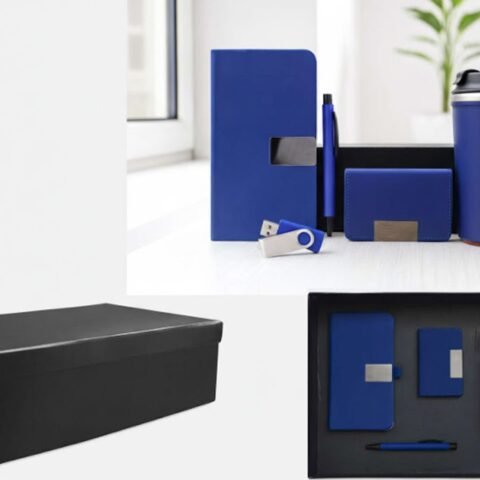 طقم هدايا أعمال 5 في 1 فاخر – مج حراري، قلم، فلاشة، حافظة كروت، نوت بوك – صندوق كحلي فاخر