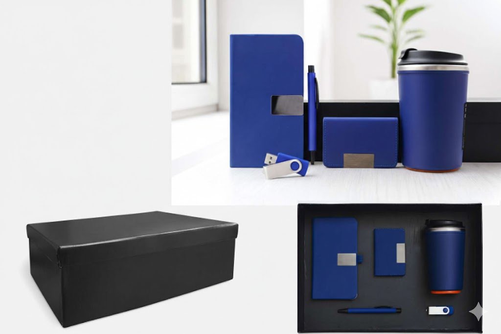 طقم هدايا أعمال 5 في 1 فاخر – مج حراري، قلم، فلاشة، حافظة كروت، نوت بوك – صندوق كحلي فاخر