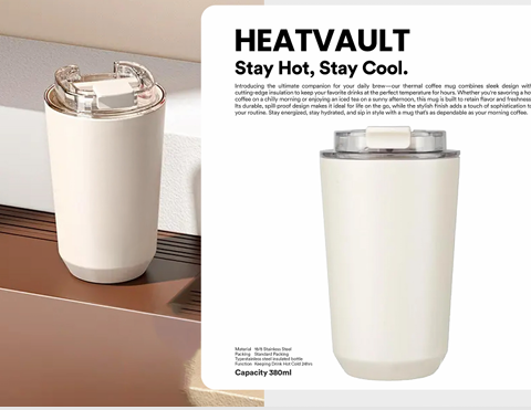 HEATVAULT 380ml Thermal Mug – Stainless Steel Insulated Cup with Secure Flip Lid
