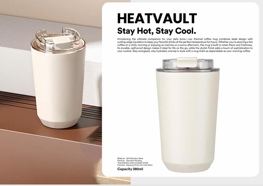 HEATVAULT 380ml Thermal Mug – Stainless Steel Insulated Cup with Secure Flip Lid