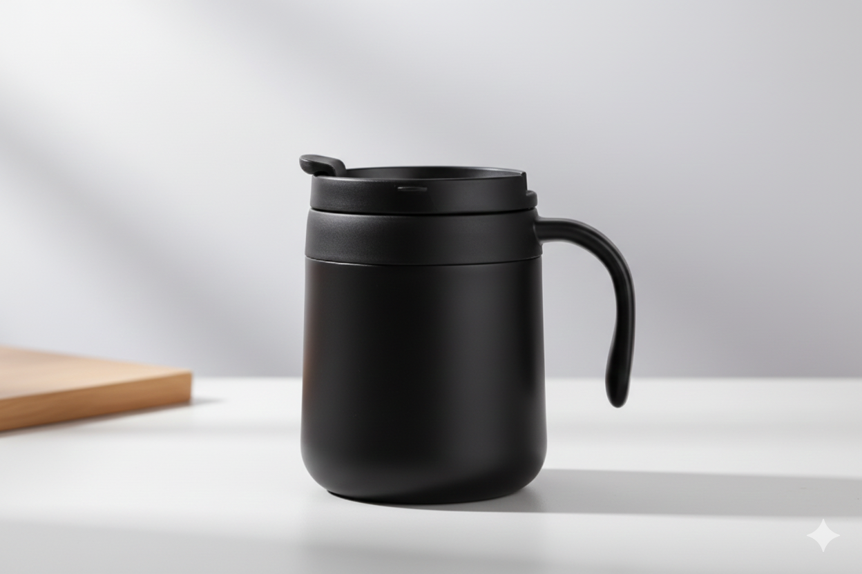 350ml Double-Wall Insulated Stainless Steel 304 Thermal Mug with Anti-Leak Lid and Carry Handle – Black