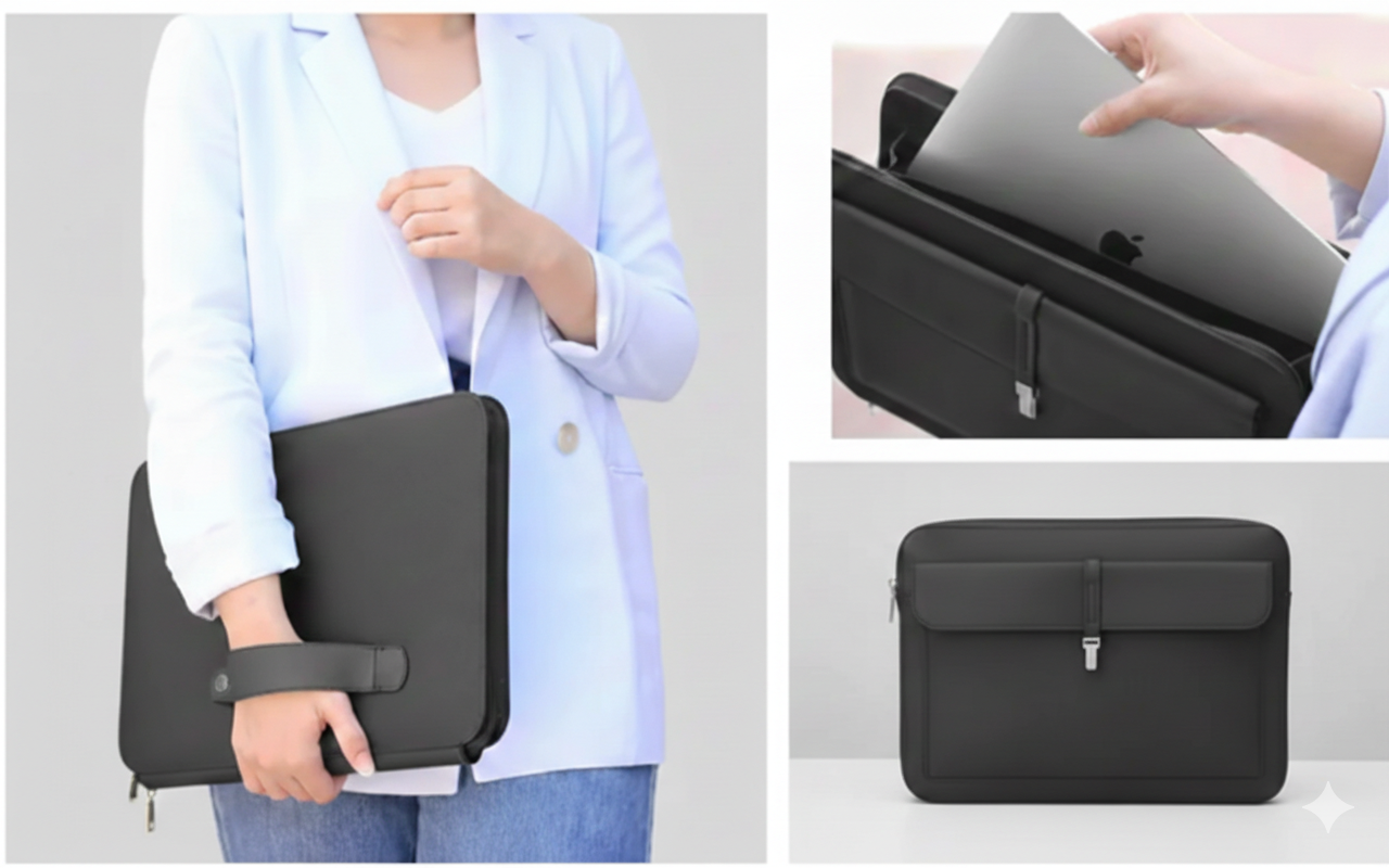 Business Laptop Sleeve – Textured Leather Design with Front Metal-Closure Pocket
