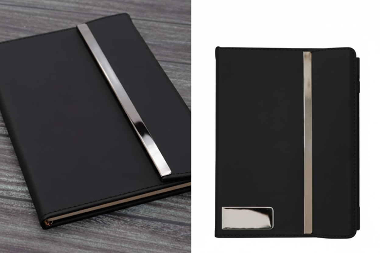 Luxury Black Notebook with Polished Metal Accent – Elegant, Modern & Professional Design
