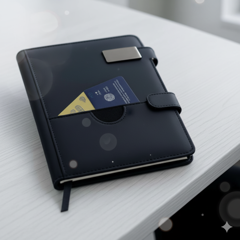 Executive Leather Notebook with Integrated Card Pocket & Secure Clasp