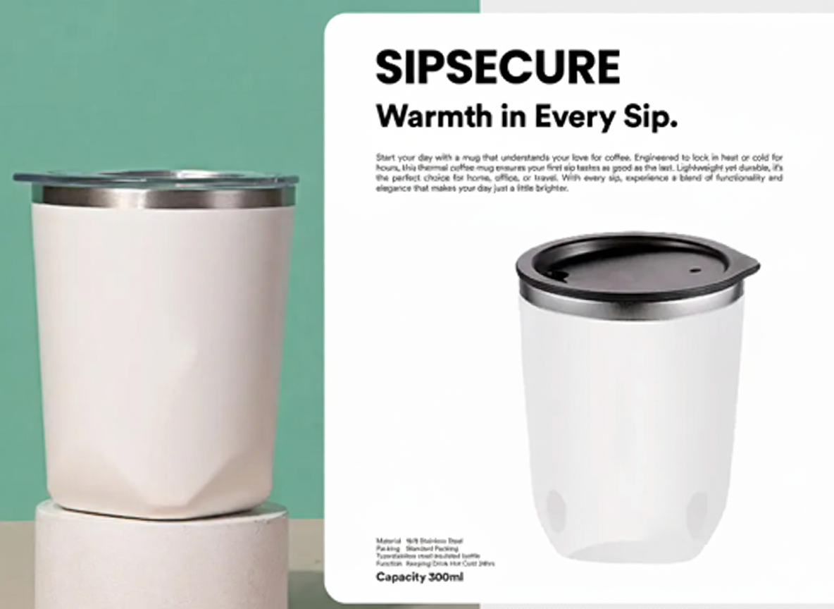 SIPSECURE 300ml Thermal Mug – Stainless Steel Insulated Cup with Secure Lid