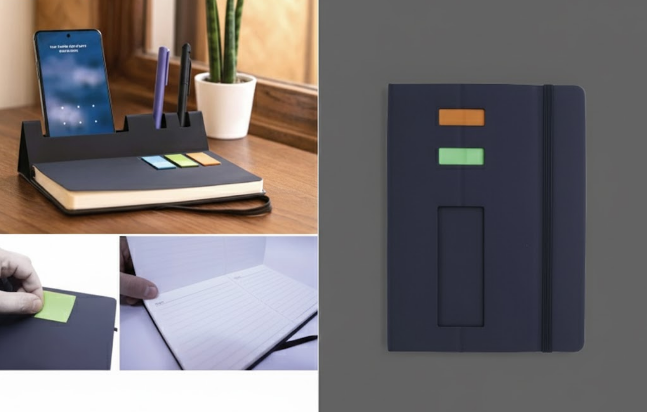 Smart Notebook with Sticky Notes & Phone Stand – Modern Design for Office & Study
