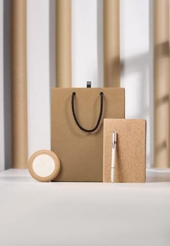 Premium Eco Gift Set – Kraft Paper Bag with Cork Notebook & Elegant Pen