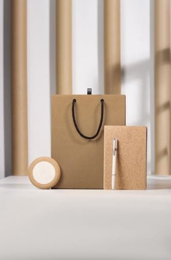 Premium Eco Gift Set – Kraft Paper Bag with Cork Notebook & Elegant Pen