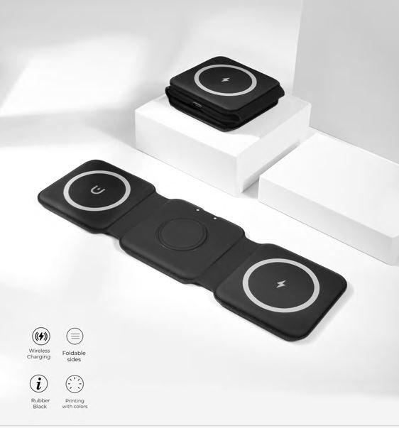 Foldable 3-in-1 Wireless Charging Station – Safe Charging for Phone, Smartwatch & Earbuds – Black Rubber Finish  |CODE:WCT15